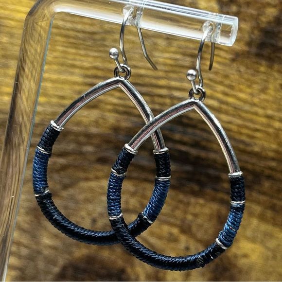Blue & Black Thread Wrapped Silver Earrings - Picture 2 of 6